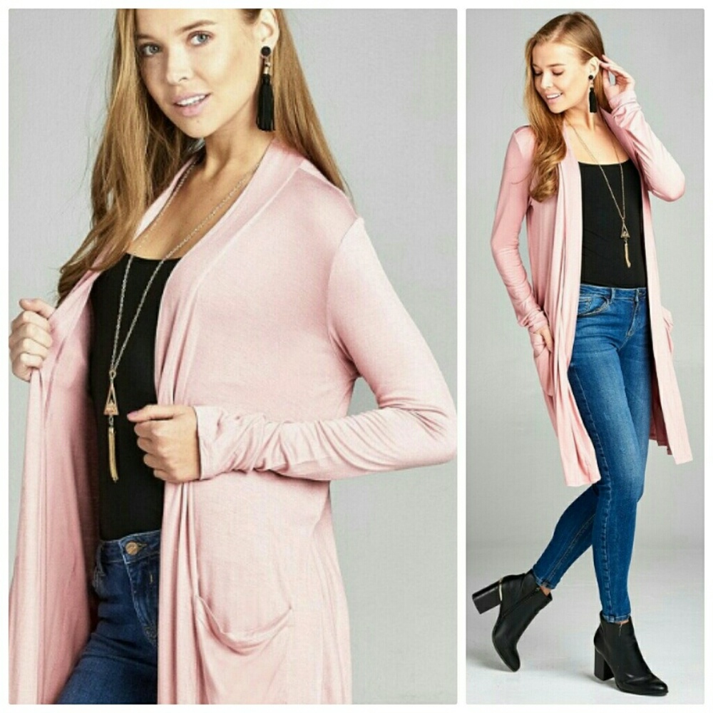 Pink long length open front cardigan with pockets